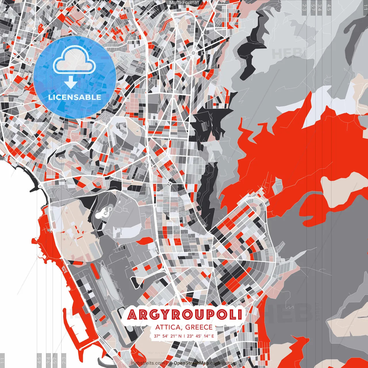 Argyroupoli, Attica, Greece - modern street map poster template with gray and red tones