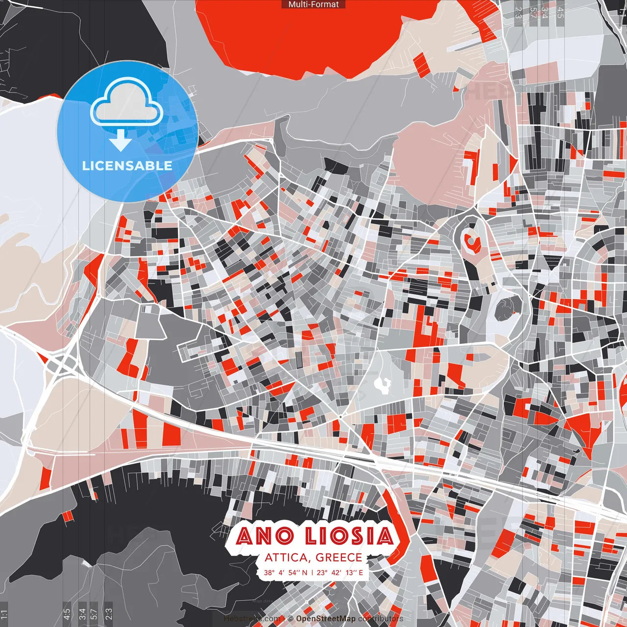Ano Liosia, Attica, Greece - modern street map poster template with gray and red tones