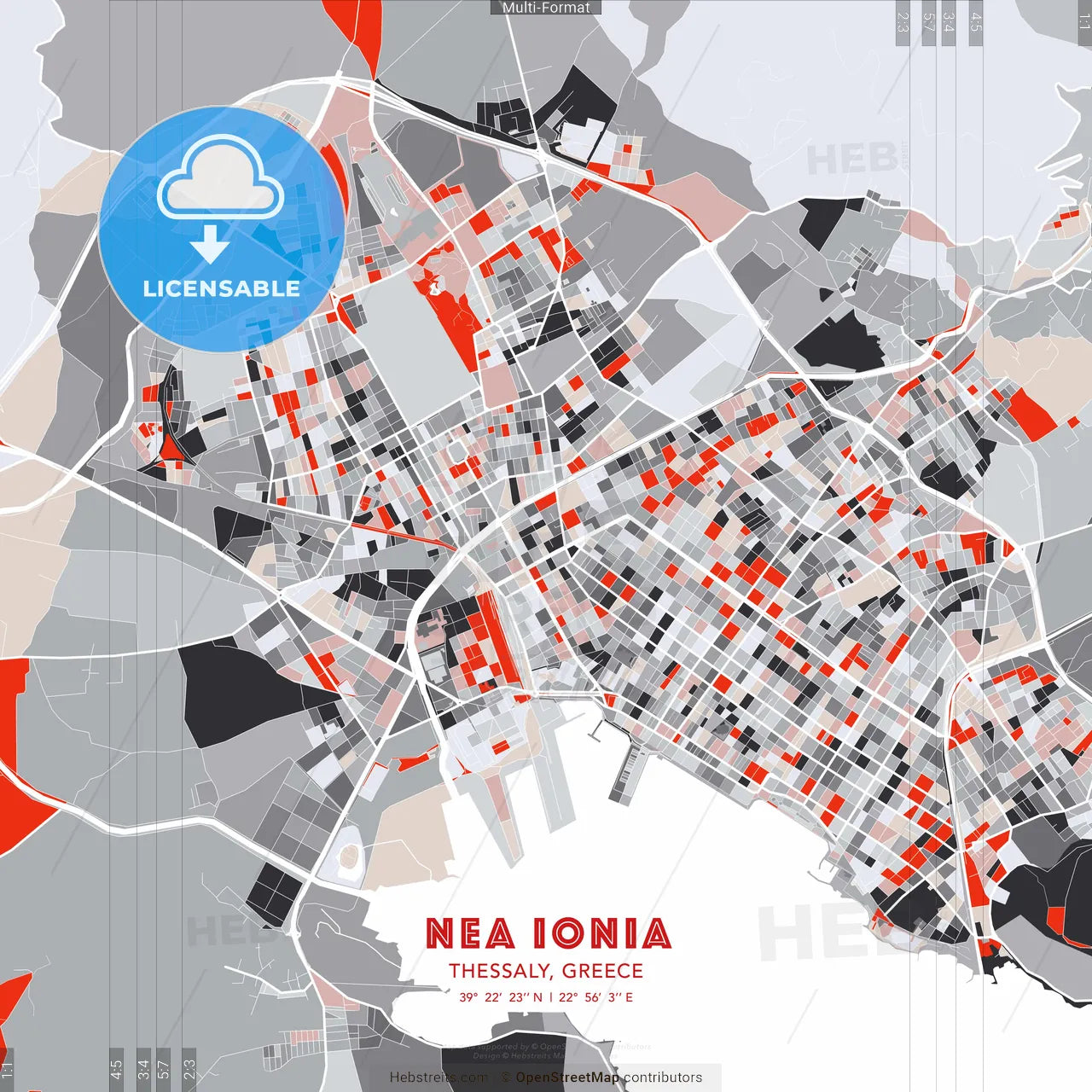 Nea Ionia, Thessaly, Greece - modern street map poster template with gray and red tones