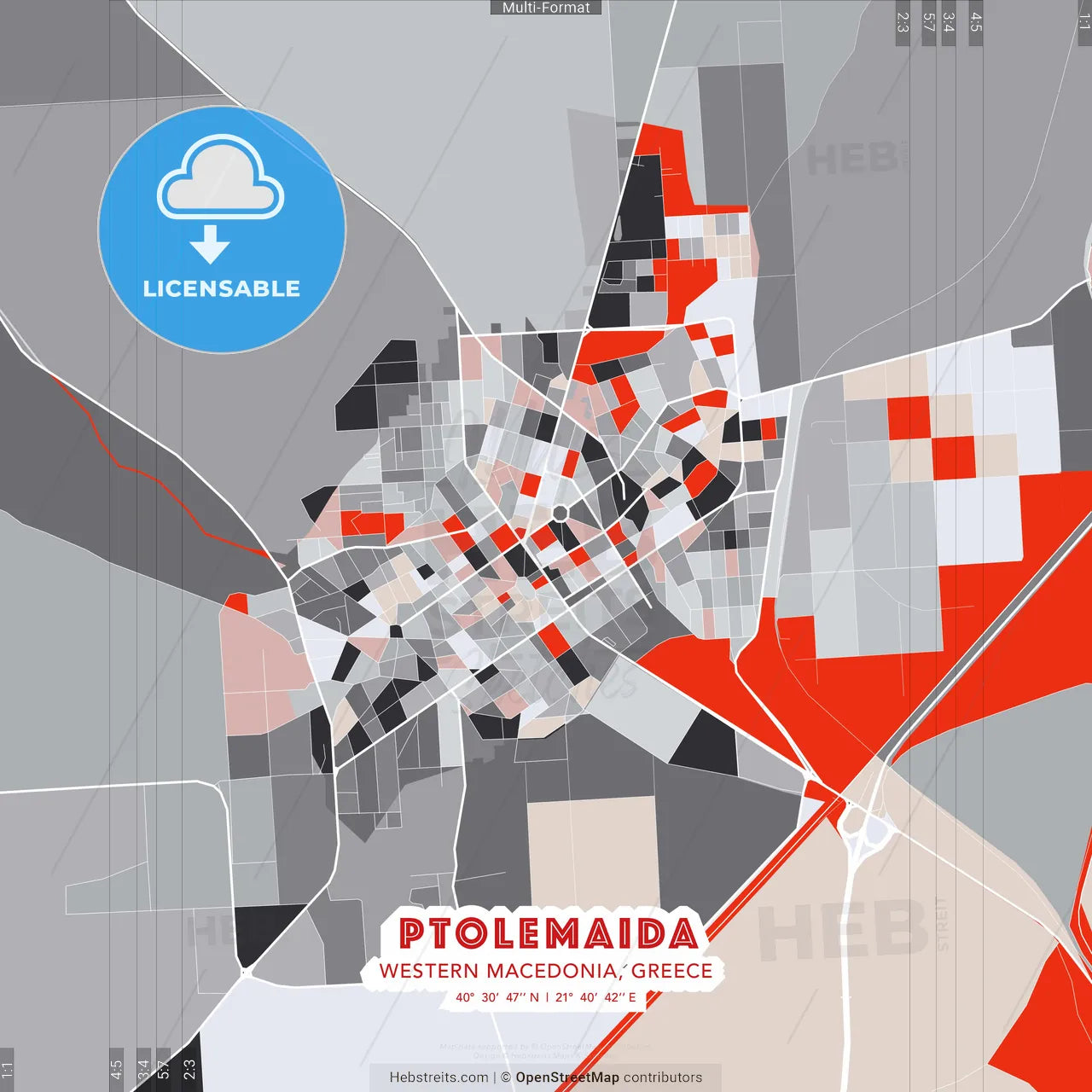 Ptolemaida, Western Macedonia, Greece - modern street map poster template with gray and red tones
