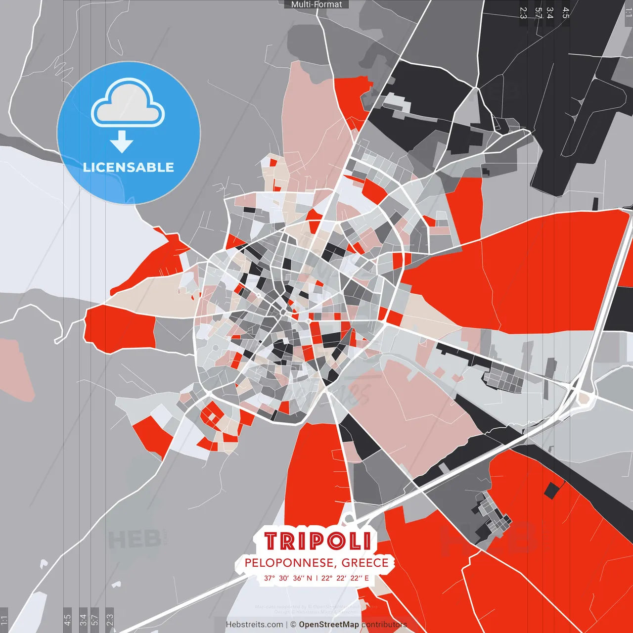 Tripoli, Peloponnese, Greece - modern street map poster template with gray and red tones