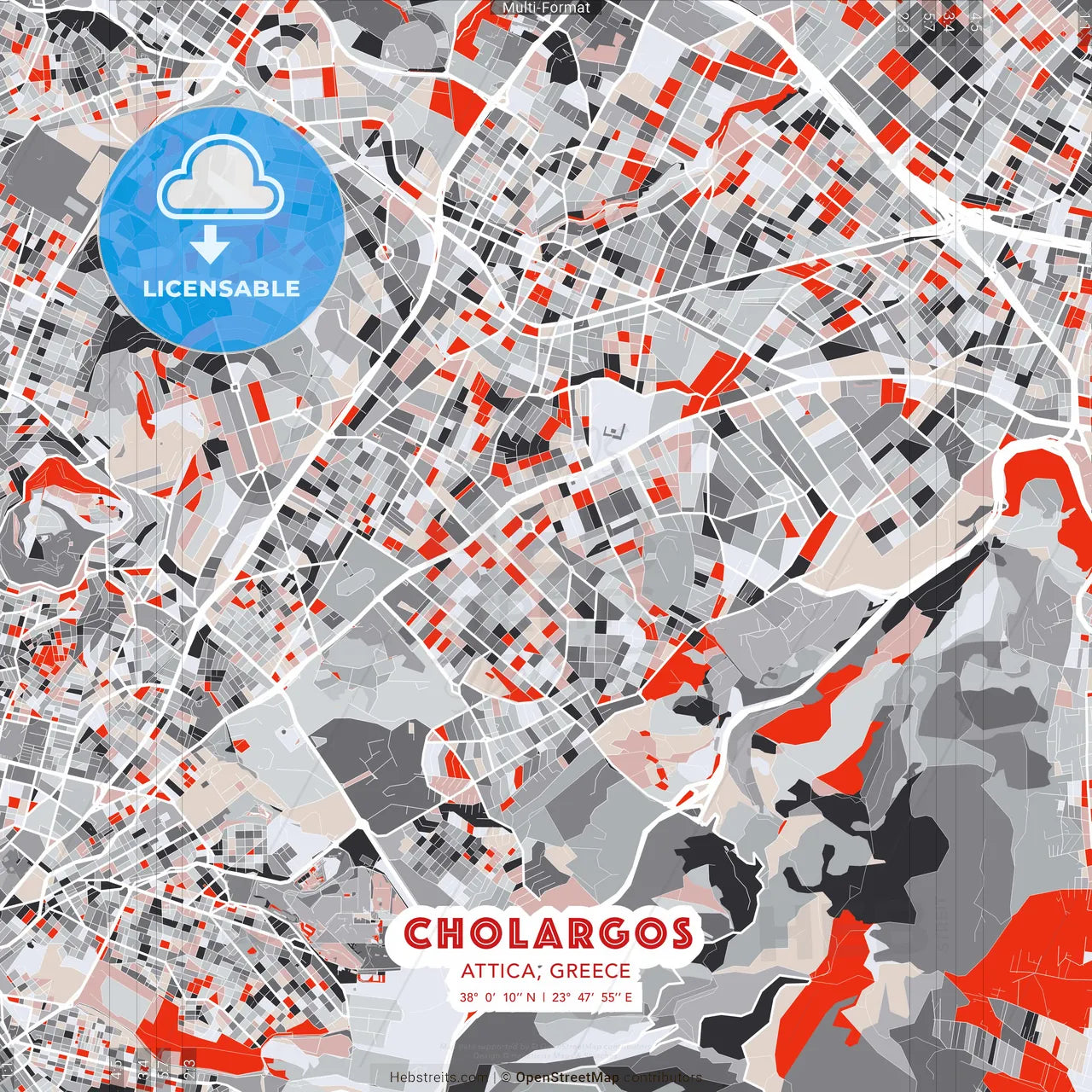 Cholargos, Attica, Greece - modern street map poster template with gray and red tones