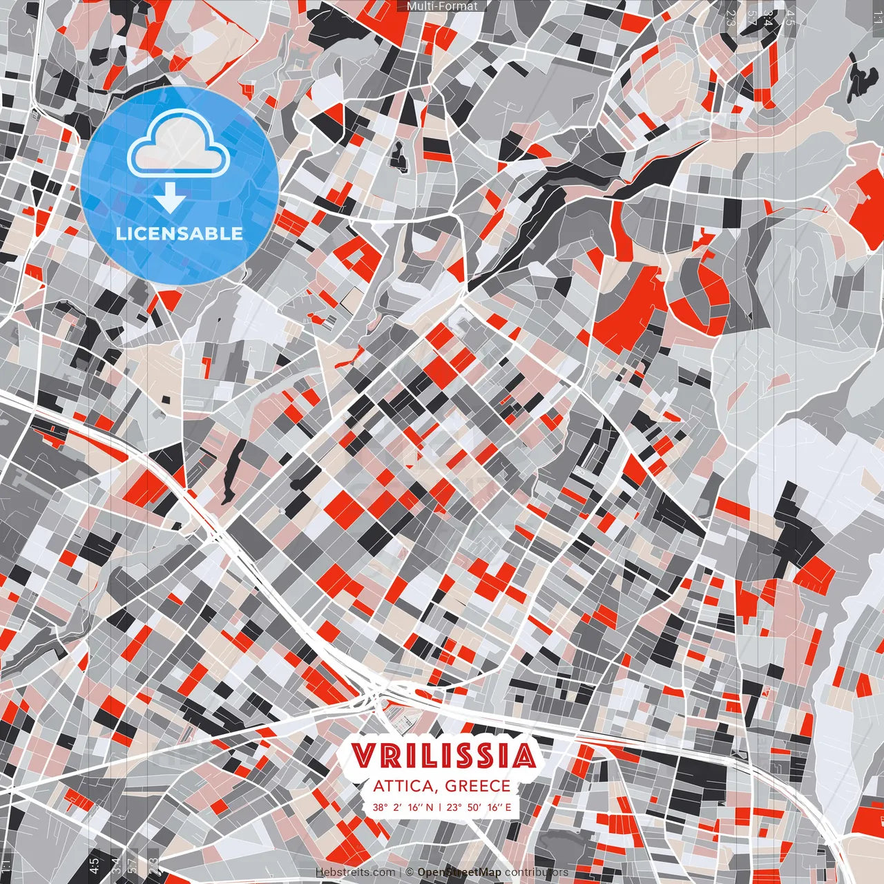 Vrilissia, Attica, Greece - modern street map poster template with gray and red tones