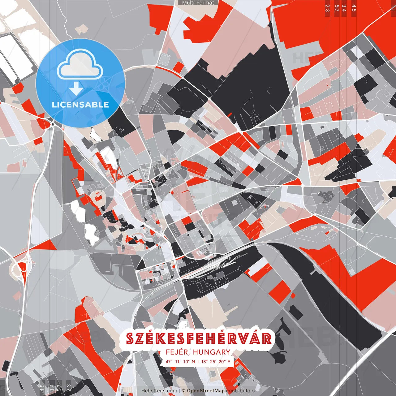 Székesfehérvár, Fejér, Hungary - modern street map poster template with gray and red tones