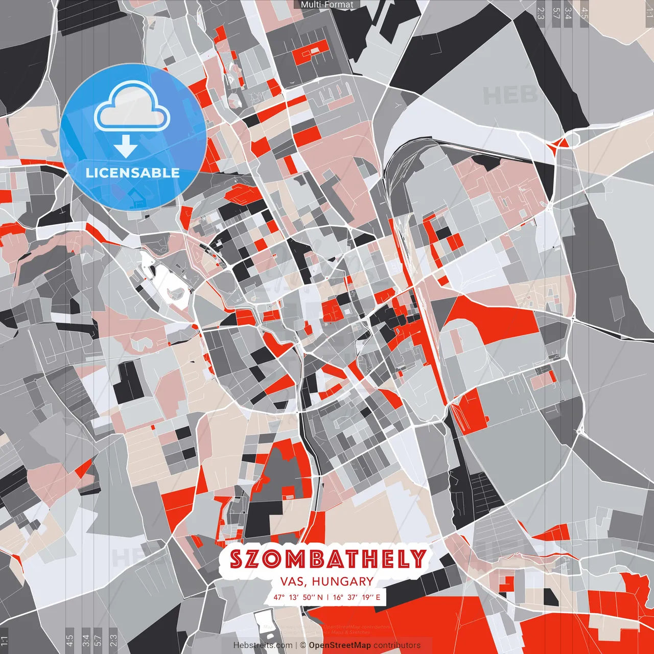 Szombathely, Vas, Hungary - modern street map poster template with gray and red tones