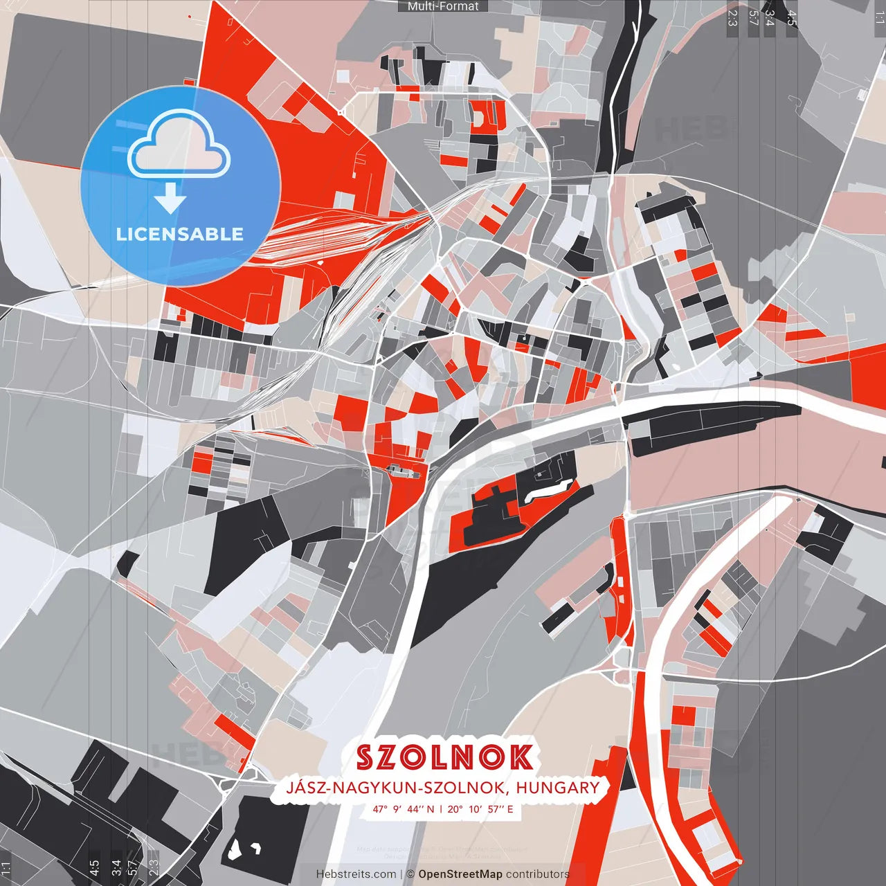 Szolnok, Jász-Nagykun-Szolnok, Hungary - modern street map poster template with gray and red tones