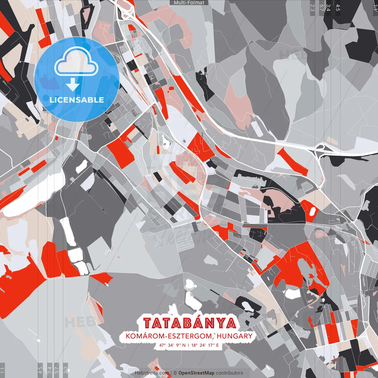 Tatabánya, Komárom-Esztergom, Hungary - modern street map poster template with gray and red tones