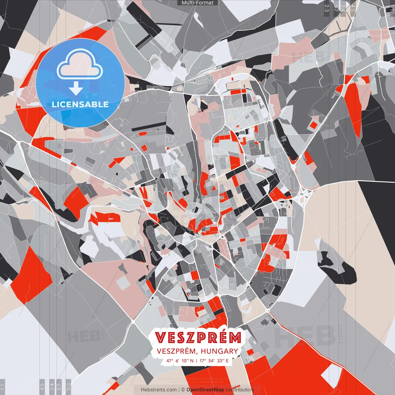 Veszprém, Veszprém, Hungary - modern street map poster template with gray and red tones