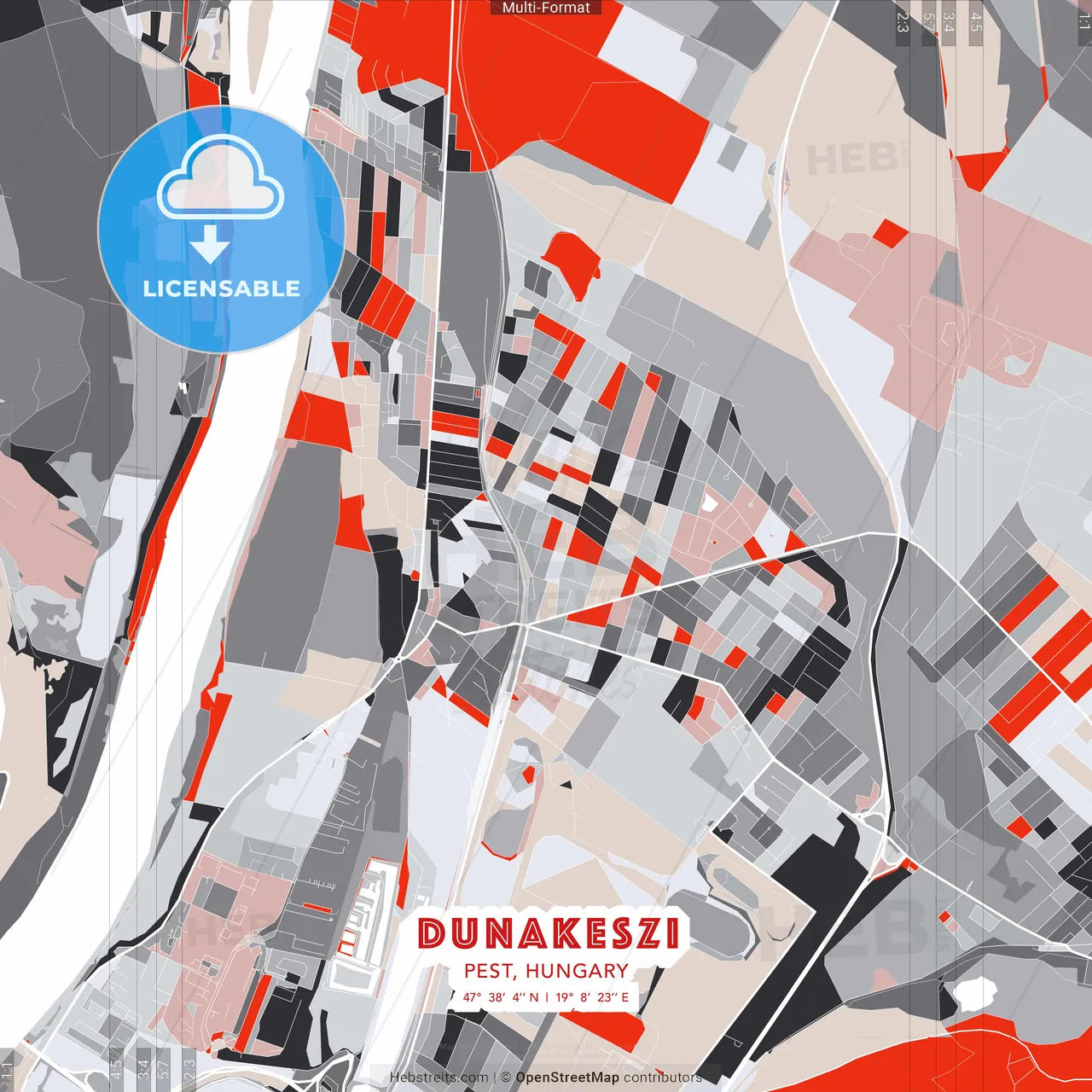 Dunakeszi, Pest, Hungary - modern street map poster template with gray and red tones