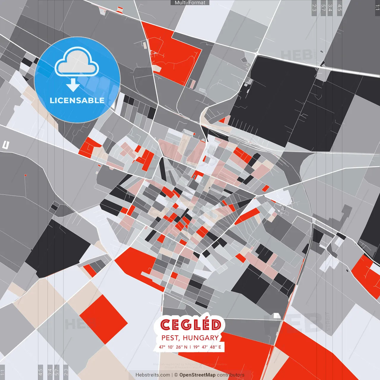Cegléd, Pest, Hungary - modern street map poster template with gray and red tones