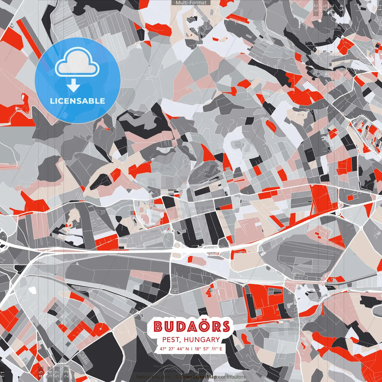 Budaörs, Pest, Hungary - modern street map poster template with gray and red tones