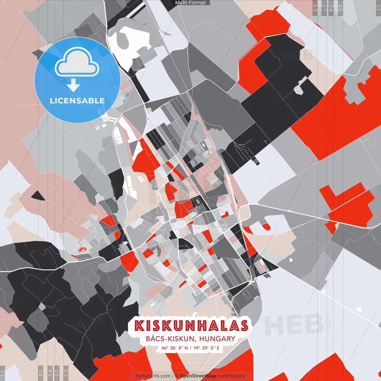 Kiskunhalas, Bács-Kiskun, Hungary - modern street map poster template with gray and red tones