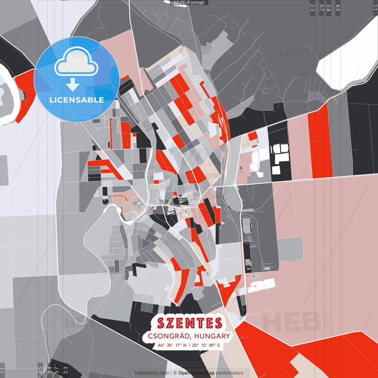 Szentes, Csongrád, Hungary - modern street map poster template with gray and red tones