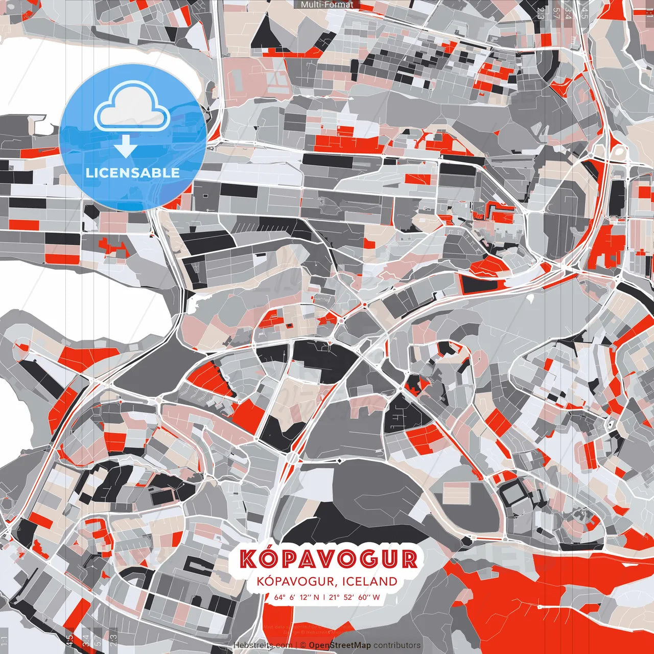 Kópavogur, Kópavogur, Iceland - modern street map poster template with gray and red tones