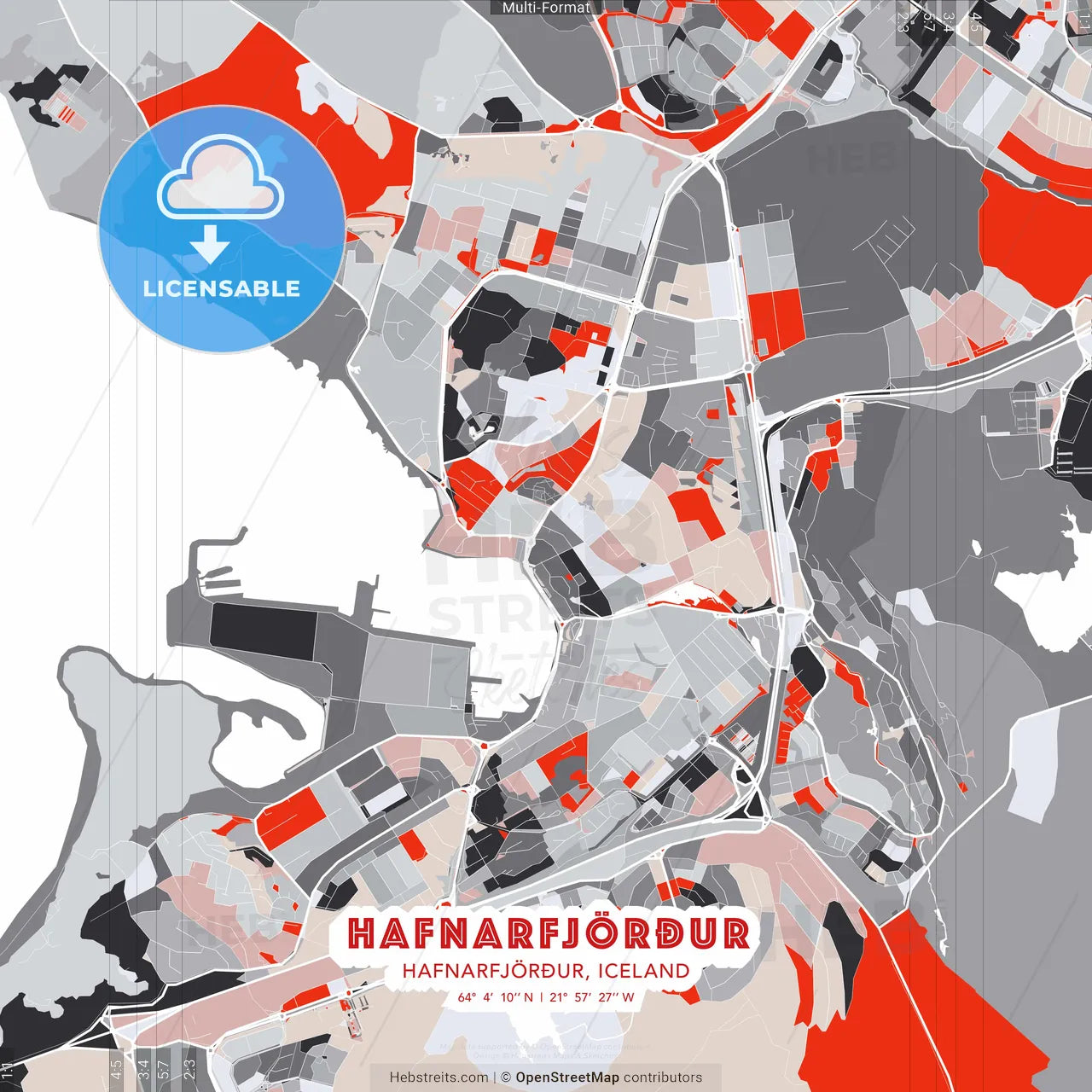 Hafnarfjörður, Hafnarfjörður, Iceland - modern street map poster template with gray and red tones