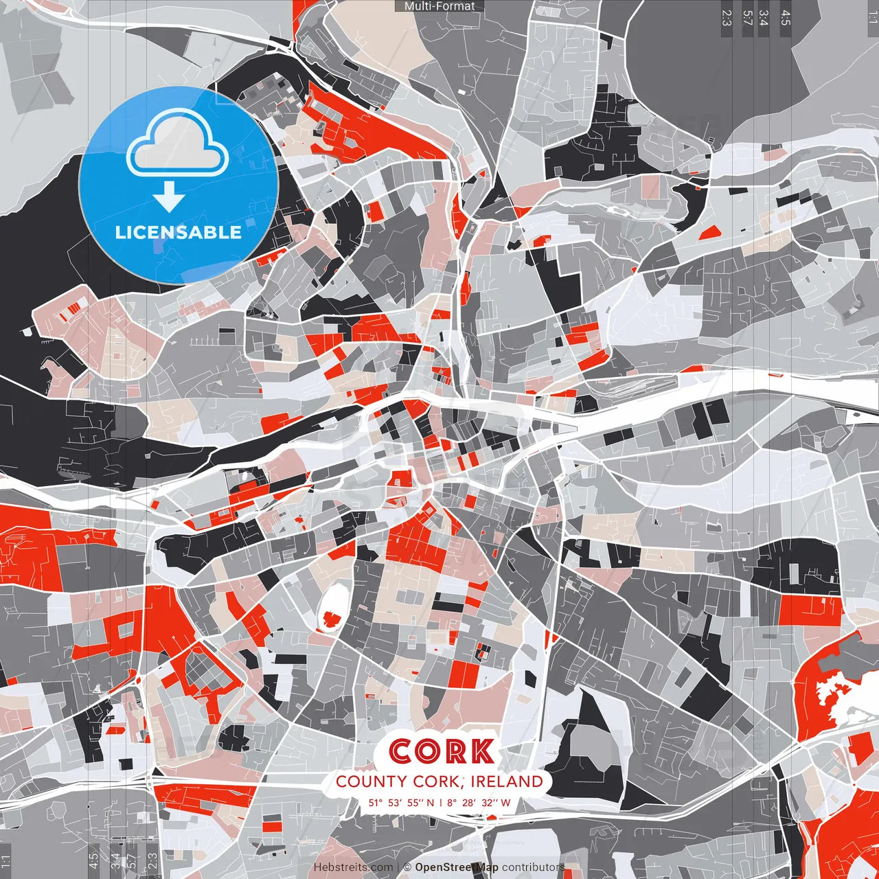 Cork, County Cork, Ireland - modern street map poster template with gray and red tones