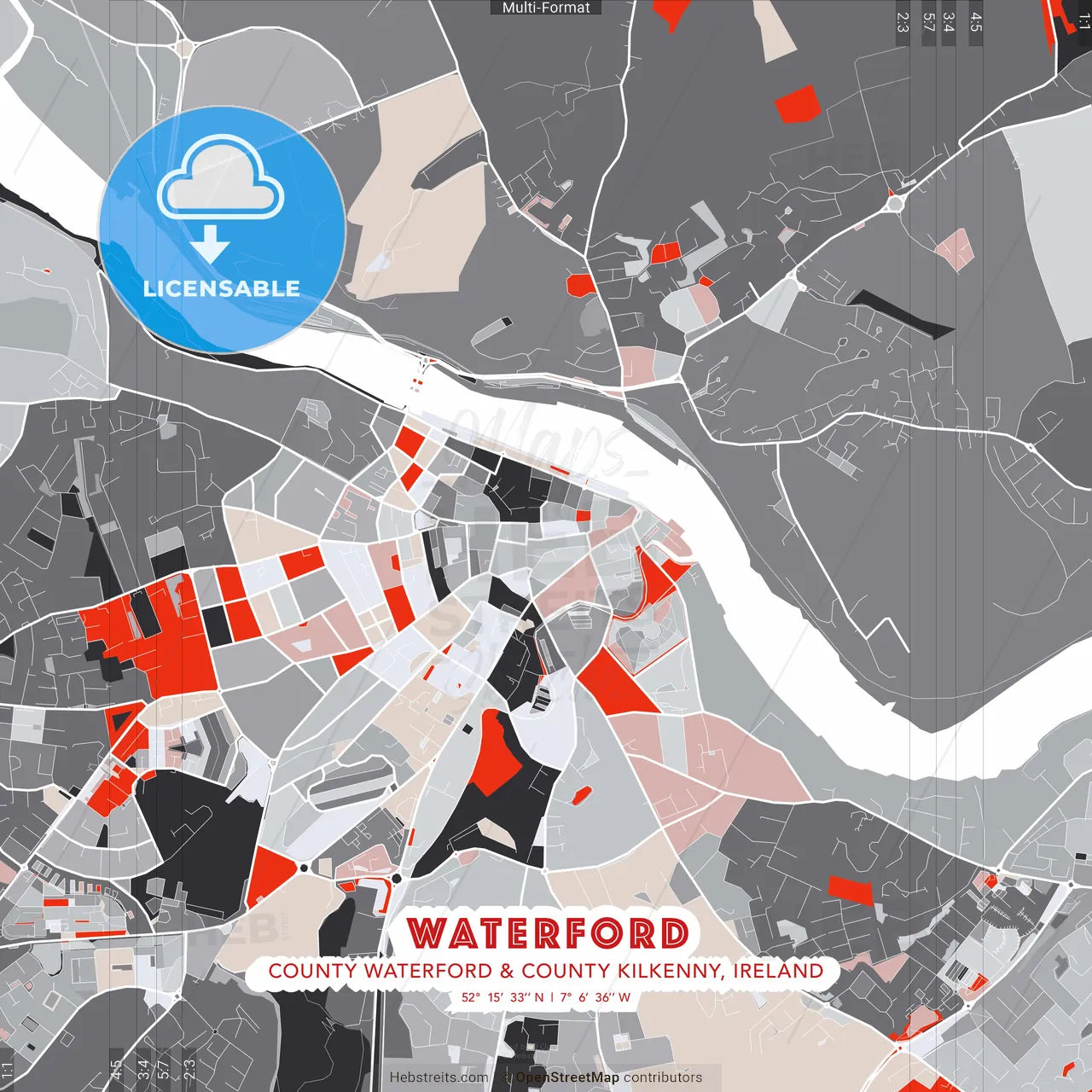 Waterford, County Waterford & County Kilkenny, Ireland - modern street map poster template with gray and red tones