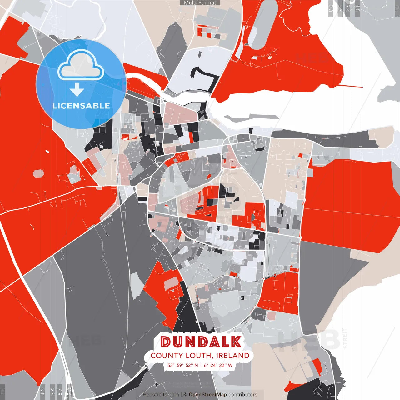 Dundalk, County Louth, Ireland - modern street map poster template with gray and red tones