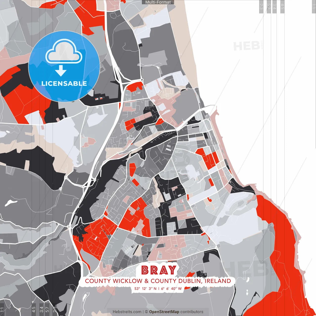 Bray, County Wicklow & County Dublin, Ireland - modern street map poster template with gray and red tones