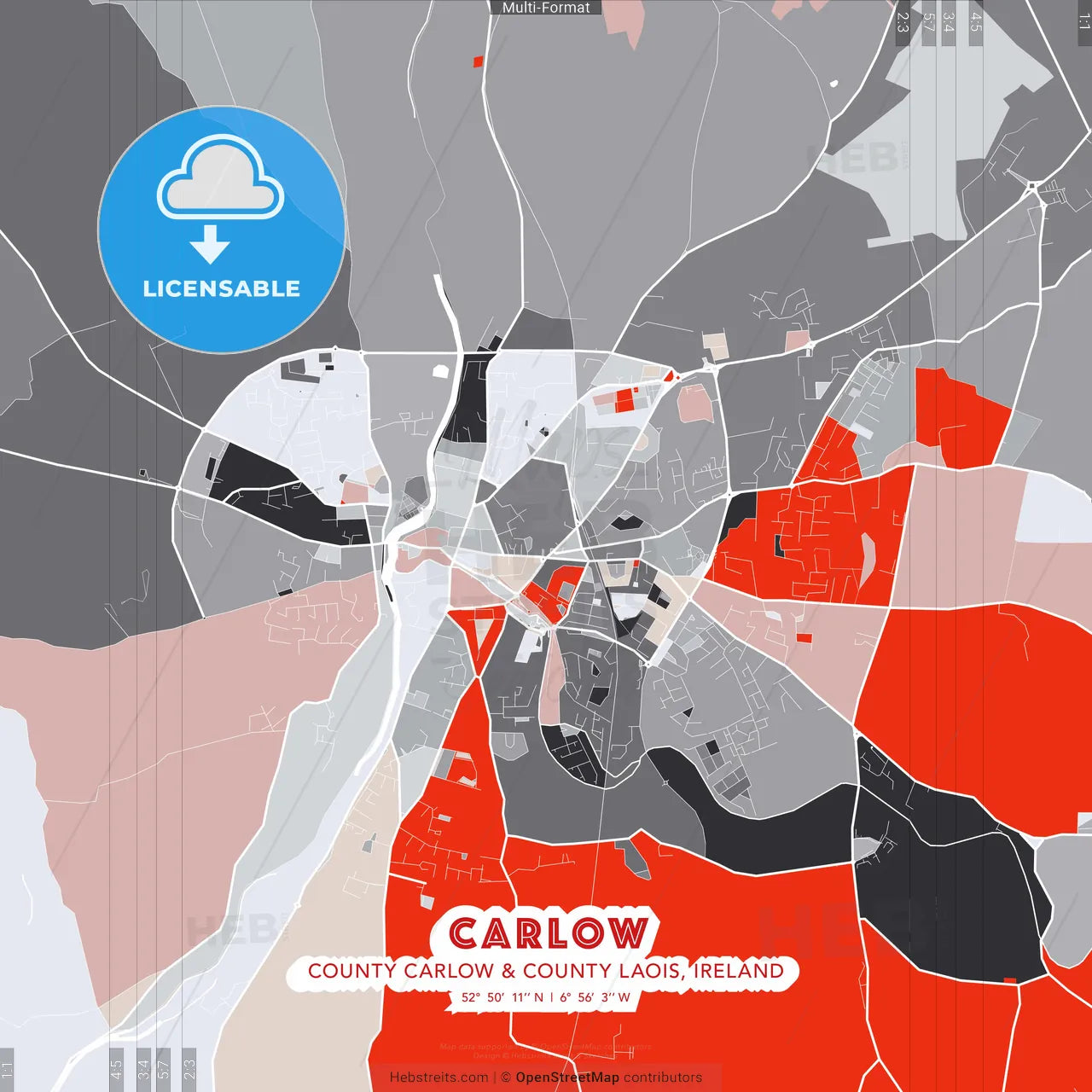 Carlow, County Carlow & County Laois, Ireland - modern street map poster template with gray and red tones