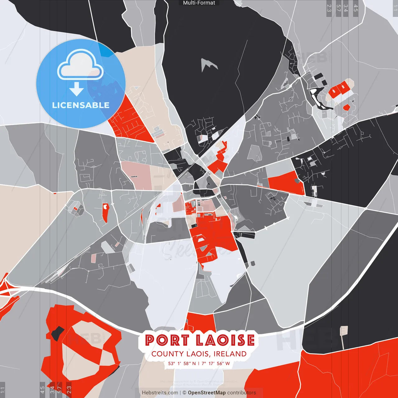 Port Laoise, County Laois, Ireland - modern street map poster template with gray and red tones
