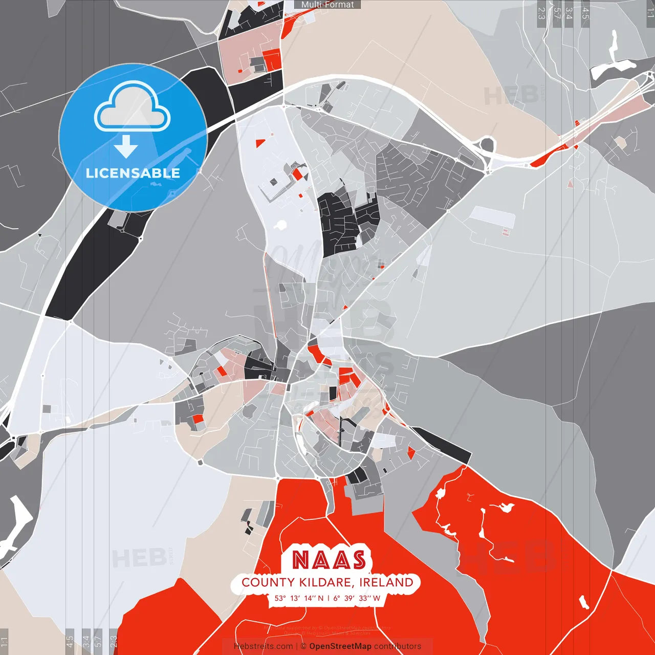 Naas, County Kildare, Ireland - modern street map poster template with gray and red tones