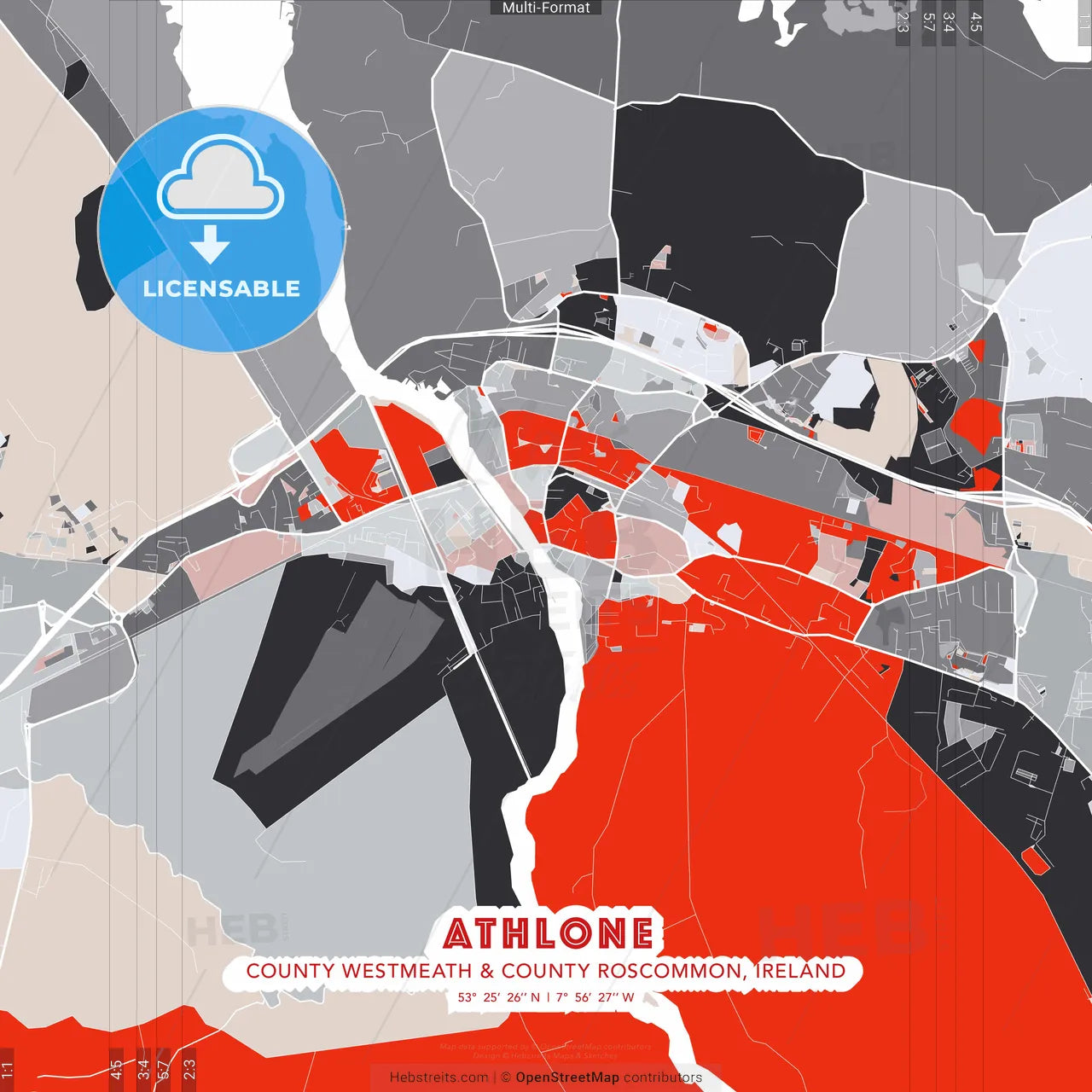 Athlone, County Westmeath & County Roscommon, Ireland - modern street map poster template with gray and red tones