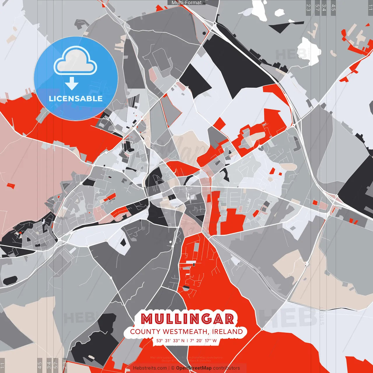 Mullingar, County Westmeath, Ireland - modern street map poster template with gray and red tones