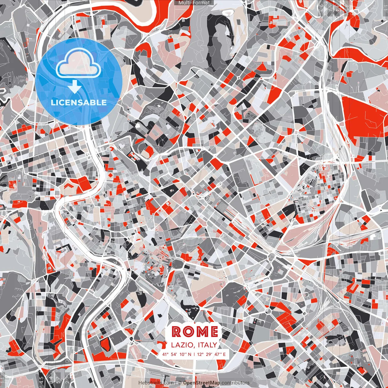Rome, Lazio, Italy - modern street map poster template with gray and red tones