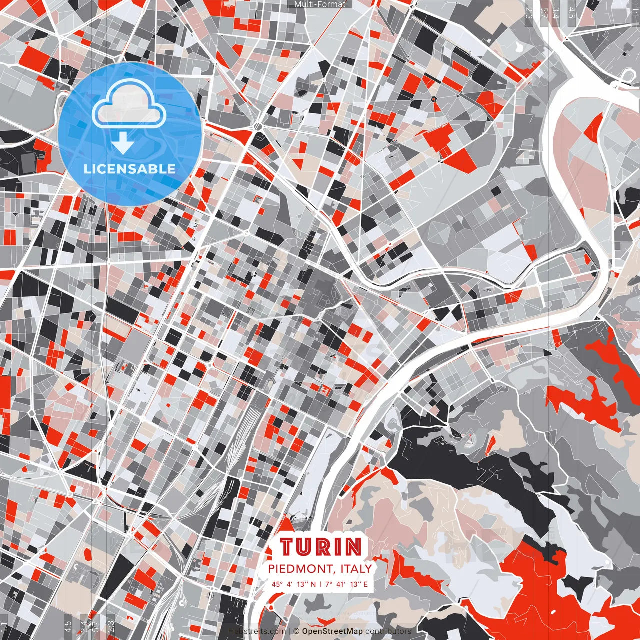 Turin, Piedmont, Italy - modern street map poster template with gray and red tones