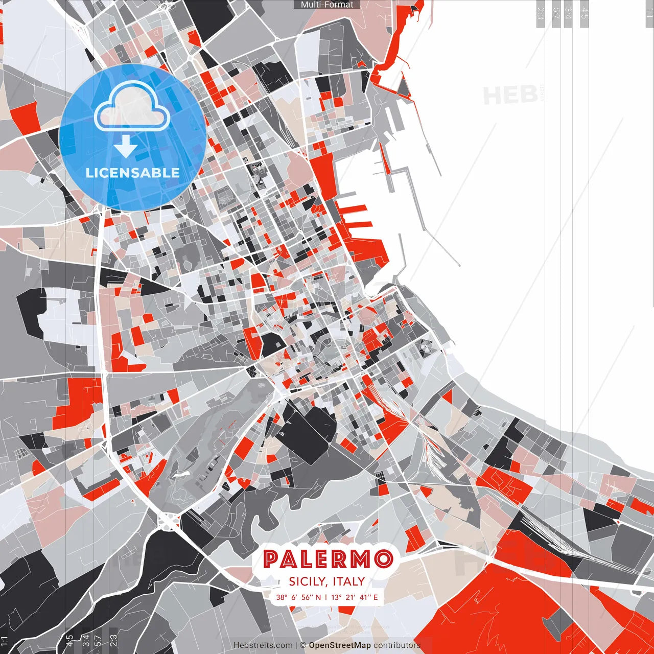 Palermo, Sicily, Italy - modern street map poster template with gray and red tones