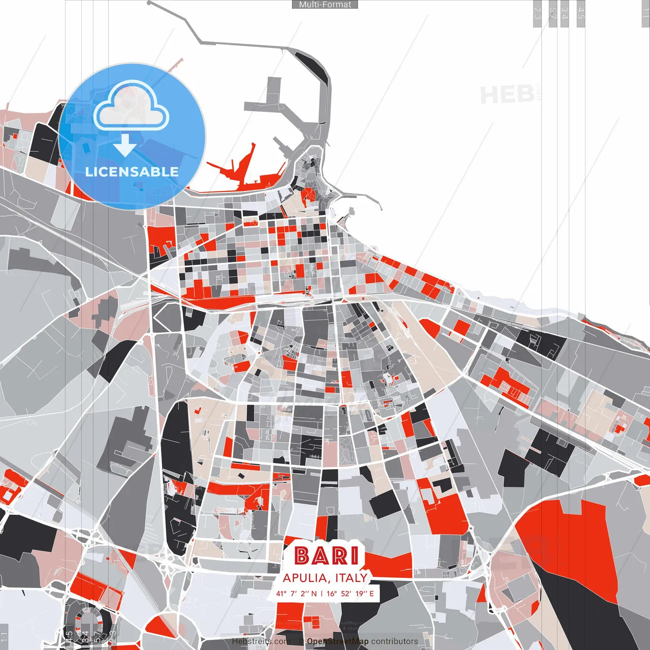 Bari, Apulia, Italy - modern street map poster template with gray and red tones