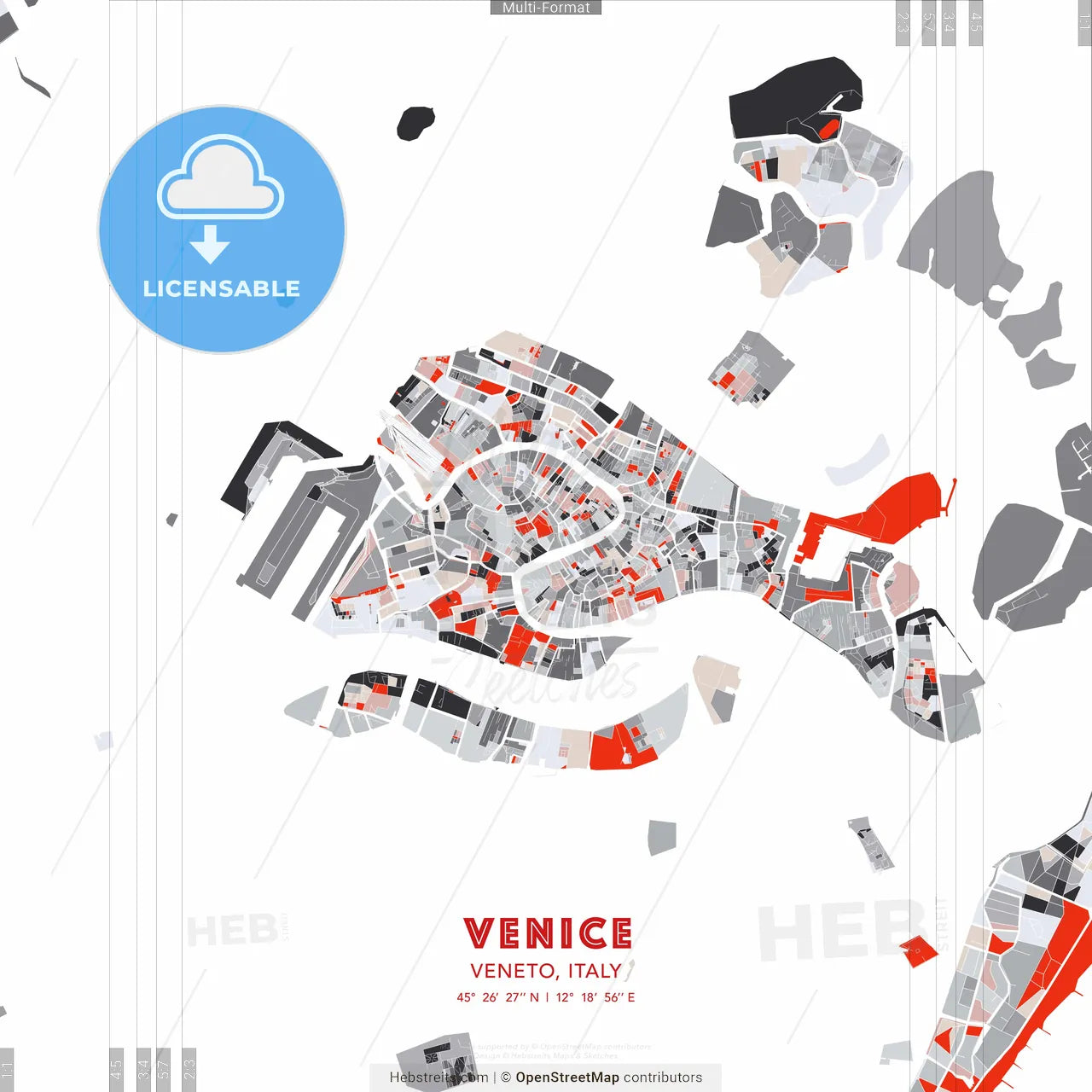 Venice, Veneto, Italy - modern street map poster template with gray and red tones