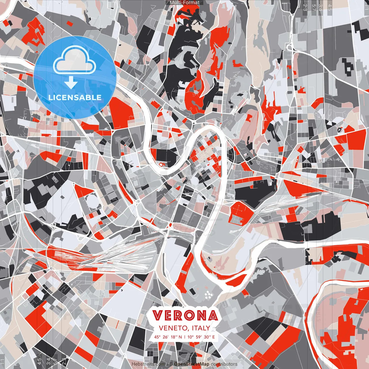 Verona, Veneto, Italy - modern street map poster template with gray and red tones