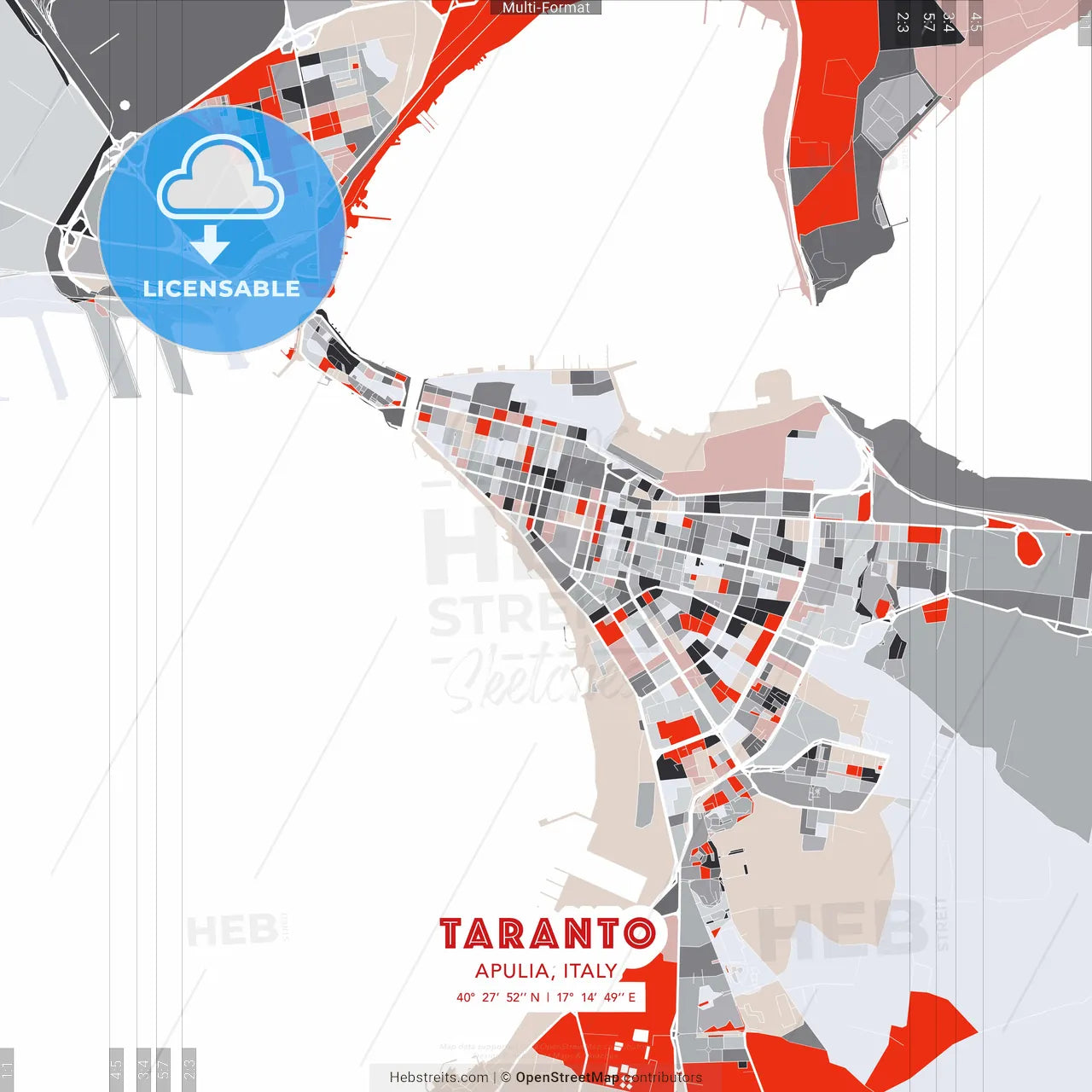 Taranto, Apulia, Italy - modern street map poster template with gray and red tones