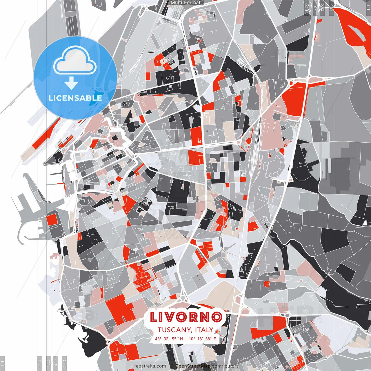 Livorno, Tuscany, Italy - modern street map poster template with gray and red tones