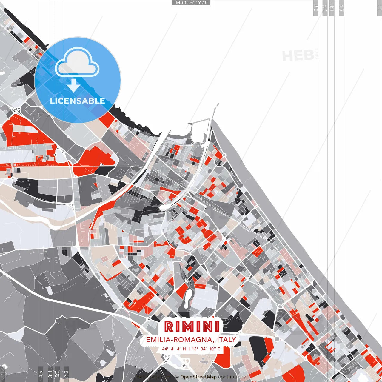 Rimini, Emilia-Romagna, Italy - modern street map poster template with gray and red tones