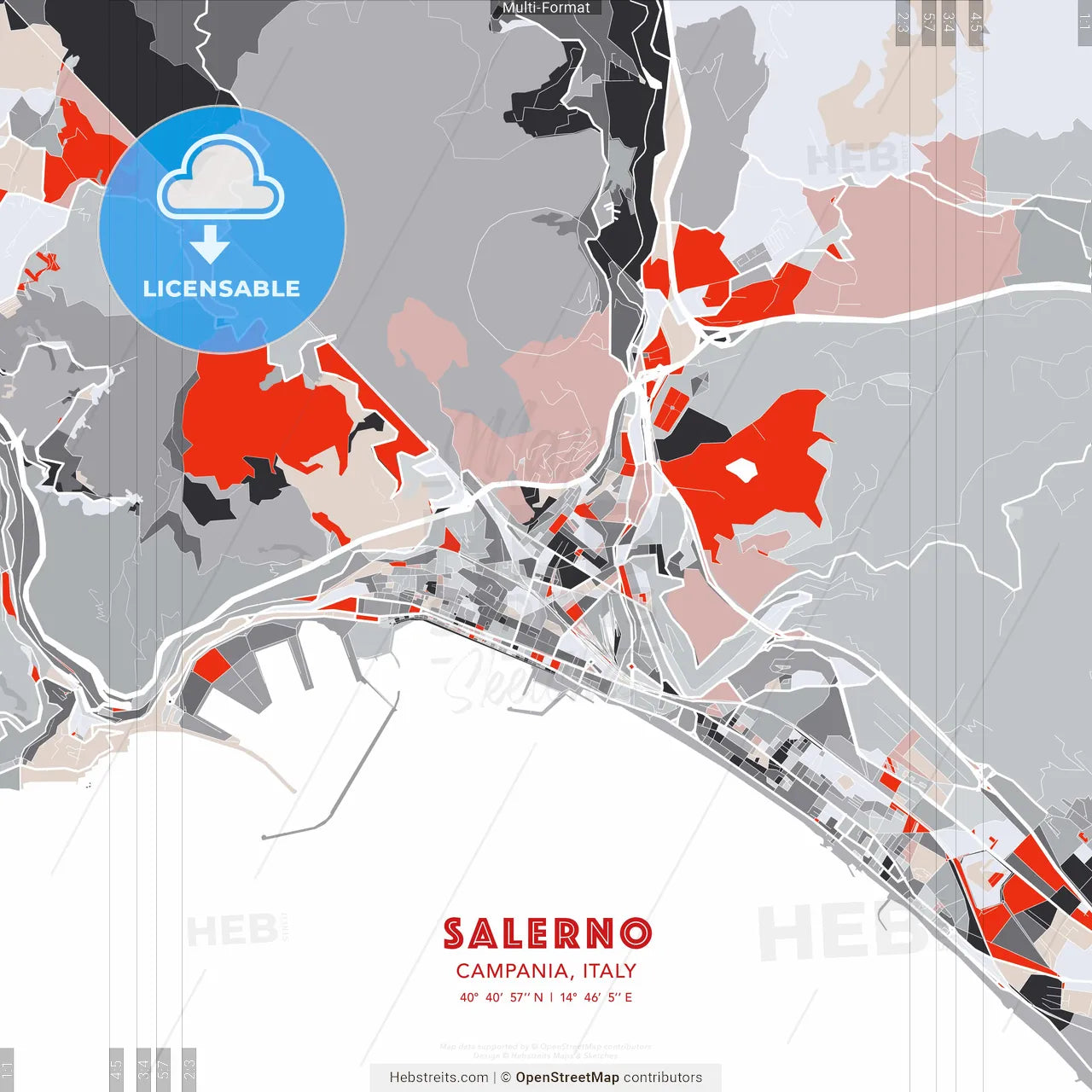 Salerno, Campania, Italy - modern street map poster template with gray and red tones