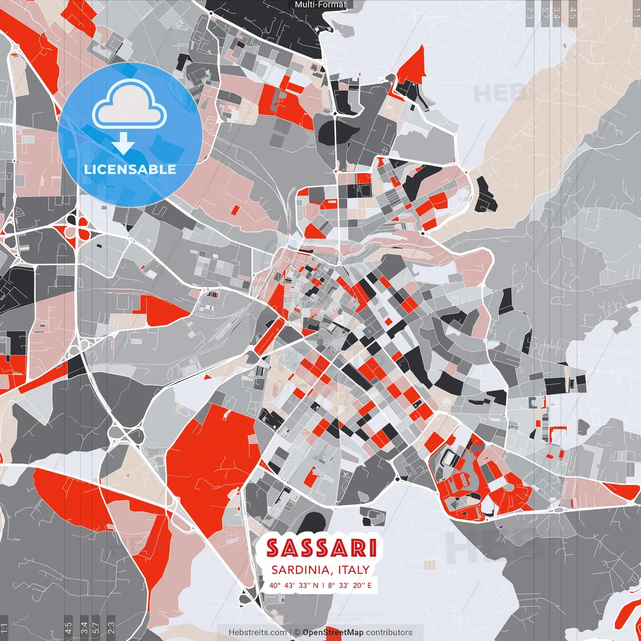 Sassari, Sardinia, Italy - modern street map poster template with gray and red tones