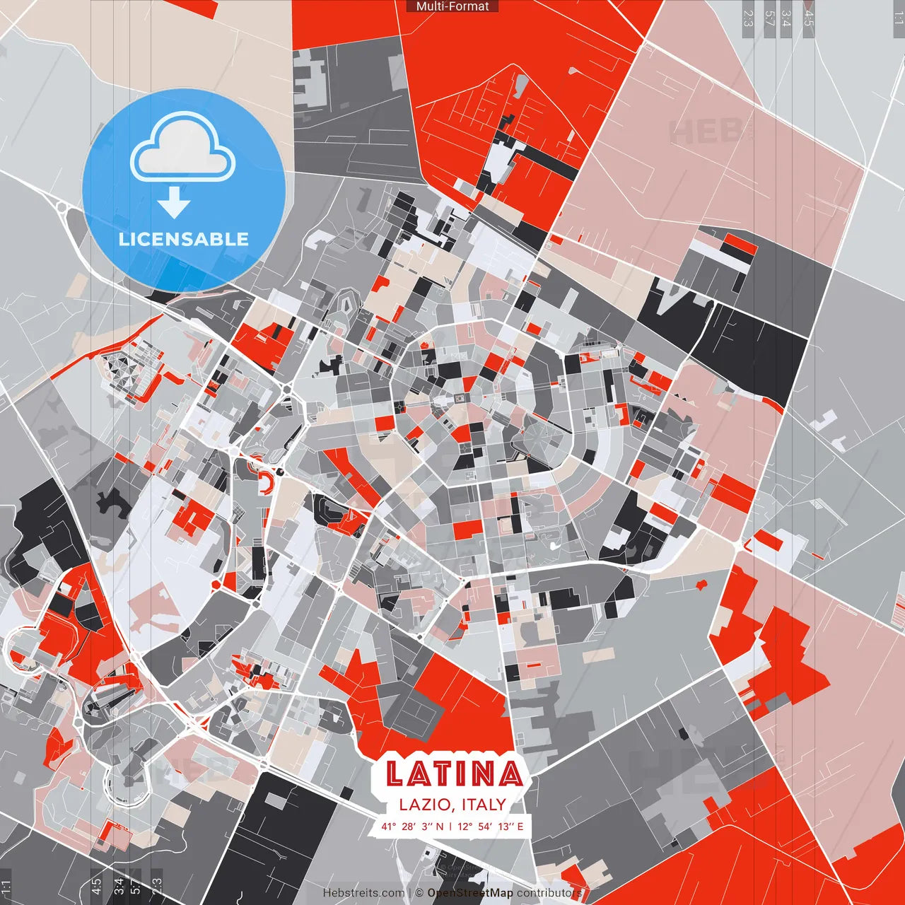 Latina, Lazio, Italy - modern street map poster template with gray and red tones