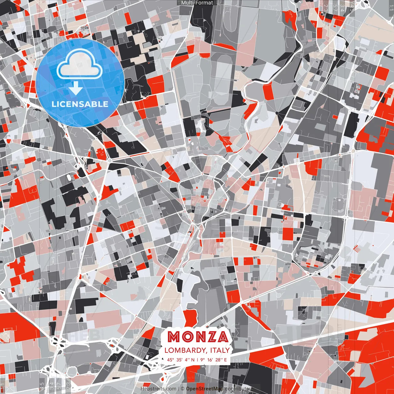 Monza, Lombardy, Italy - modern street map poster template with gray and red tones