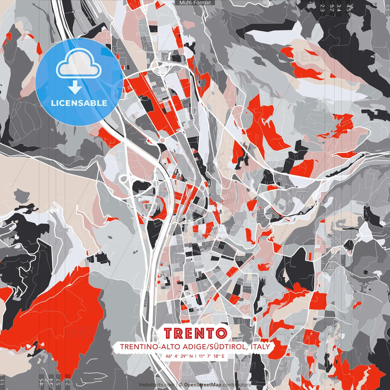 Trento, Trentino-Alto Adige/Südtirol, Italy - modern street map poster template with gray and red tones