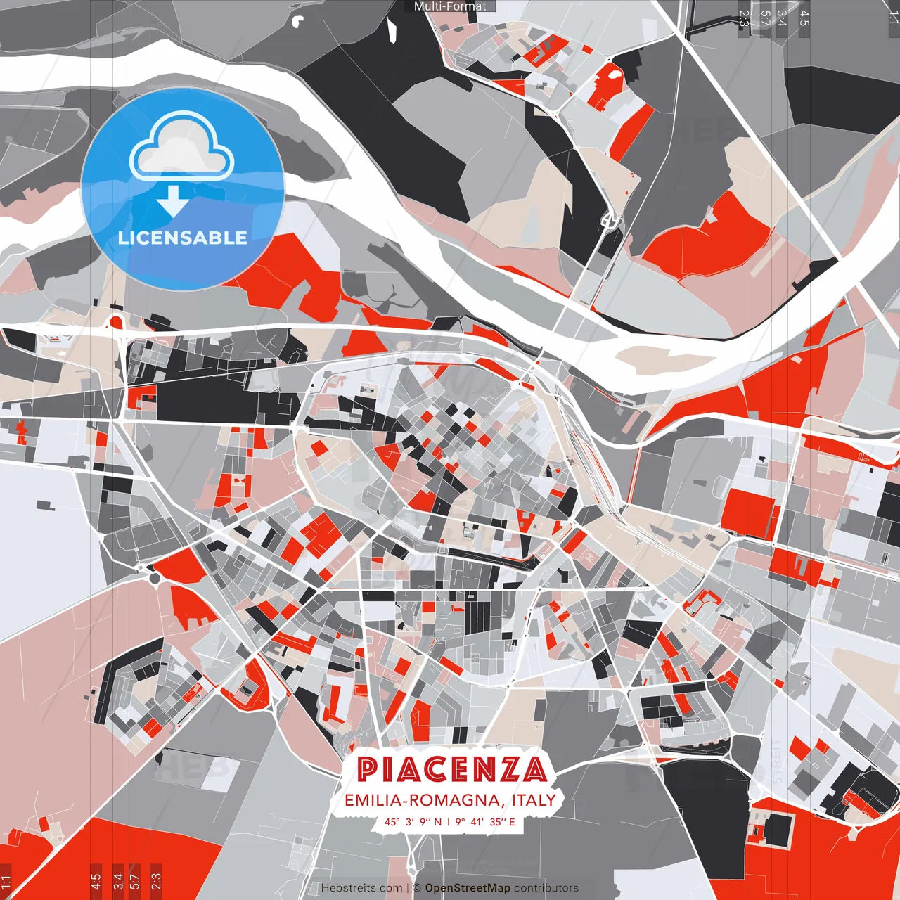 Piacenza, Emilia-Romagna, Italy - modern street map poster template with gray and red tones