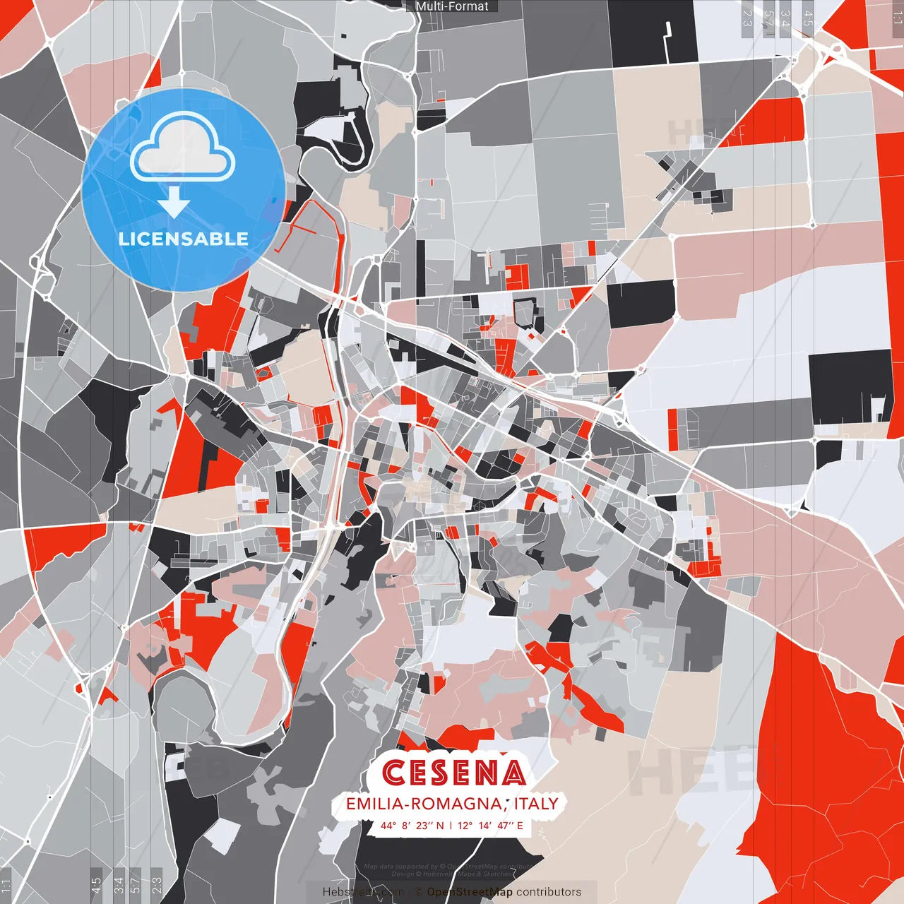 Cesena, Emilia-Romagna, Italy - modern street map poster template with gray and red tones