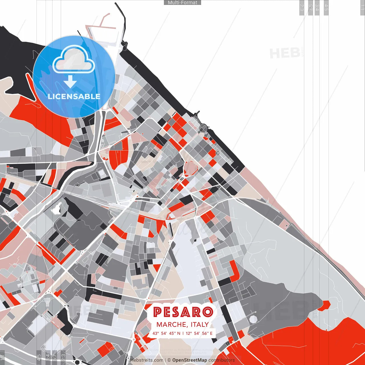 Pesaro, Marche, Italy - modern street map poster template with gray and red tones