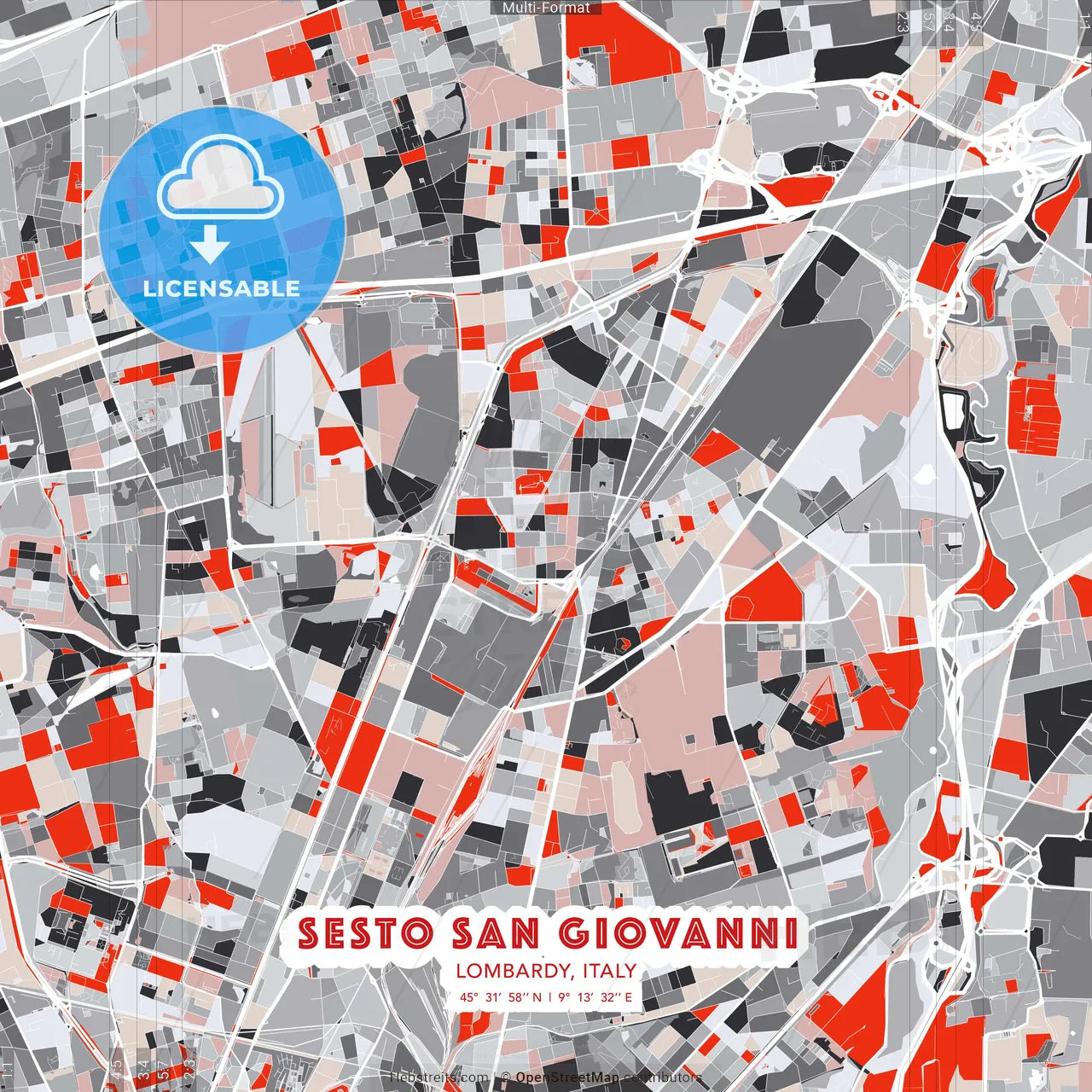 Sesto San Giovanni, Lombardy, Italy - modern street map poster template with gray and red tones