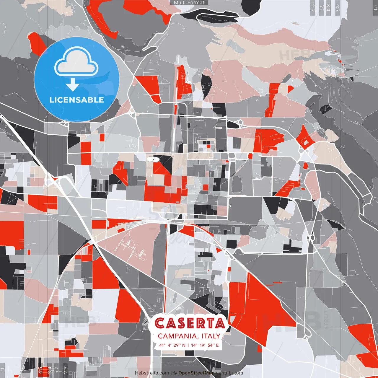 Caserta, Campania, Italy - modern street map poster template with gray and red tones