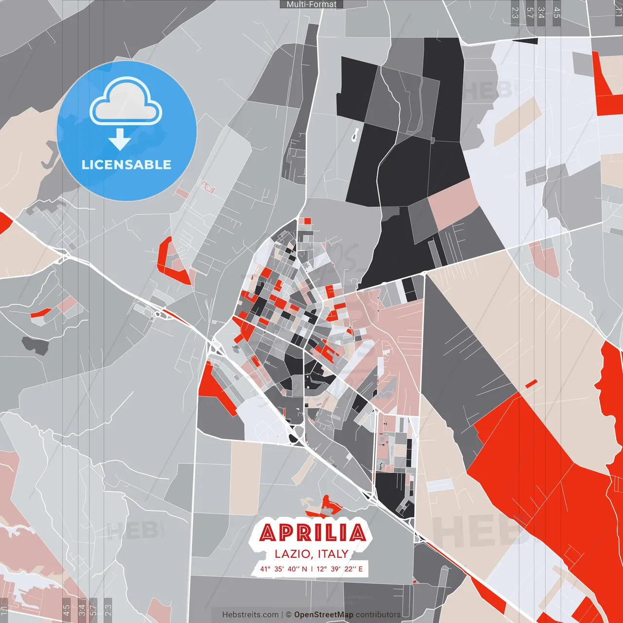 Aprilia, Lazio, Italy - modern street map poster template with gray and red tones