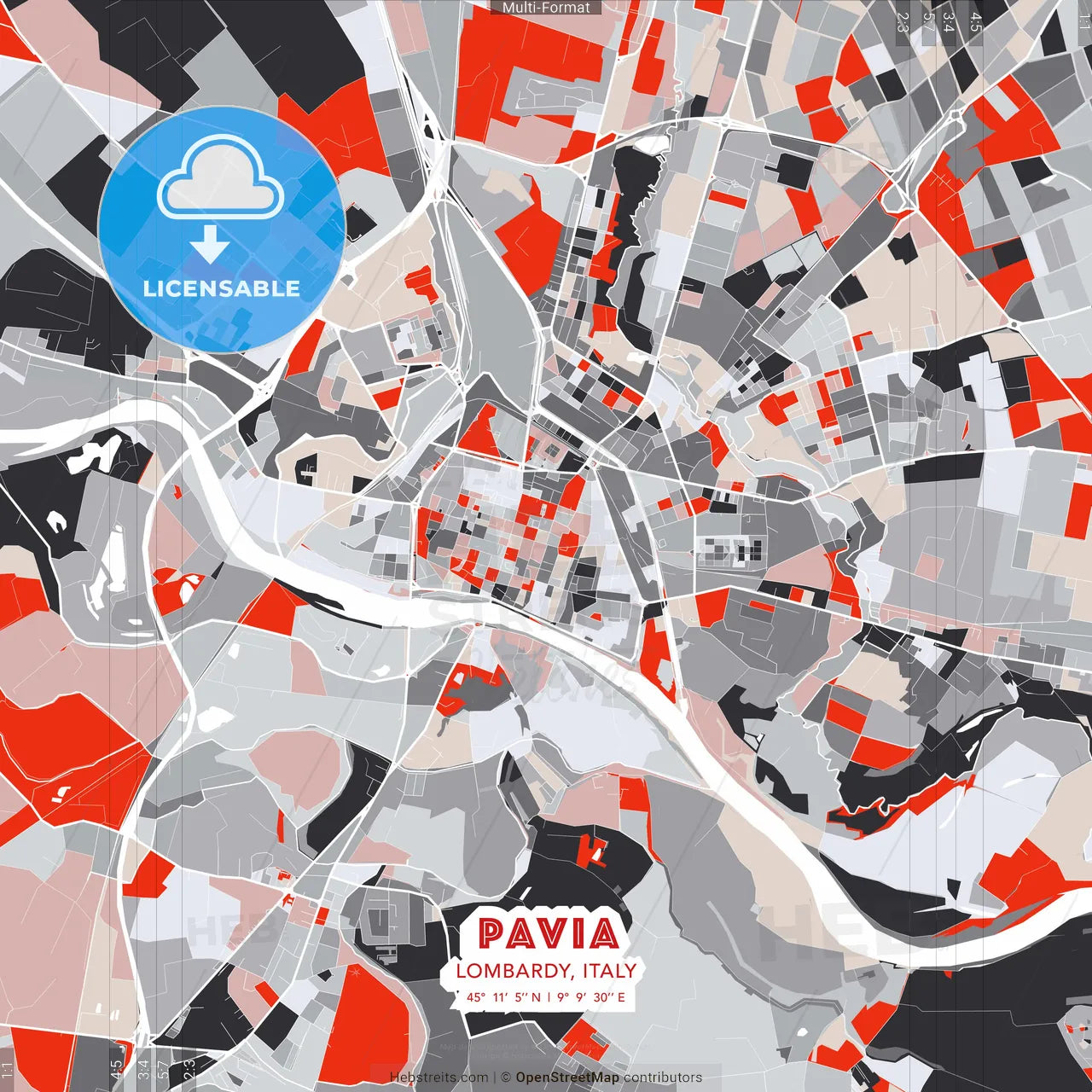 Pavia, Lombardy, Italy - modern street map poster template with gray and red tones
