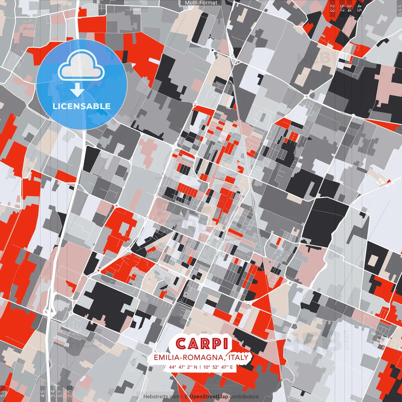 Carpi, Emilia-Romagna, Italy - modern street map poster template with gray and red tones